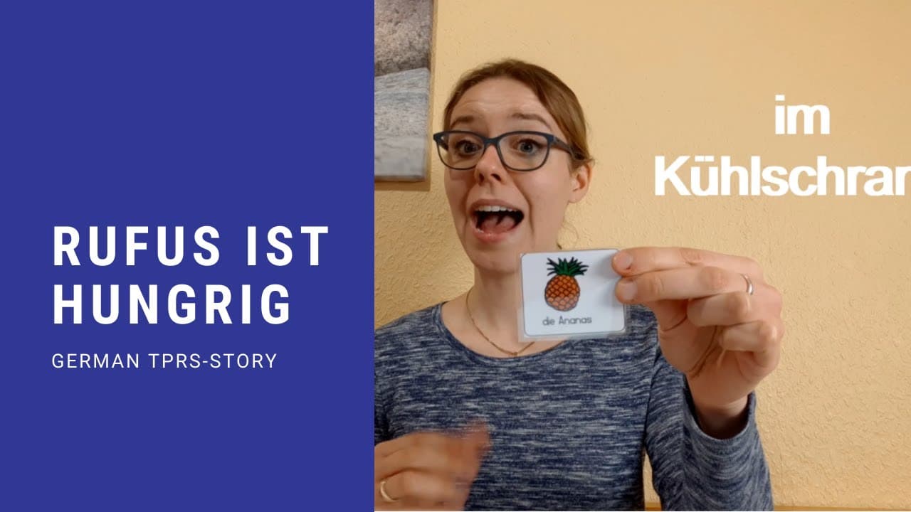 "Rufus ist hungrig" - Learn food, prepositions and places in German - TPRS